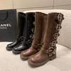 Womens Knee-high Boots Fashion Western Cowboy Boots Casual Leather Boots for Women Belt Buckle Punk Boot Mid Calf Boot 2025