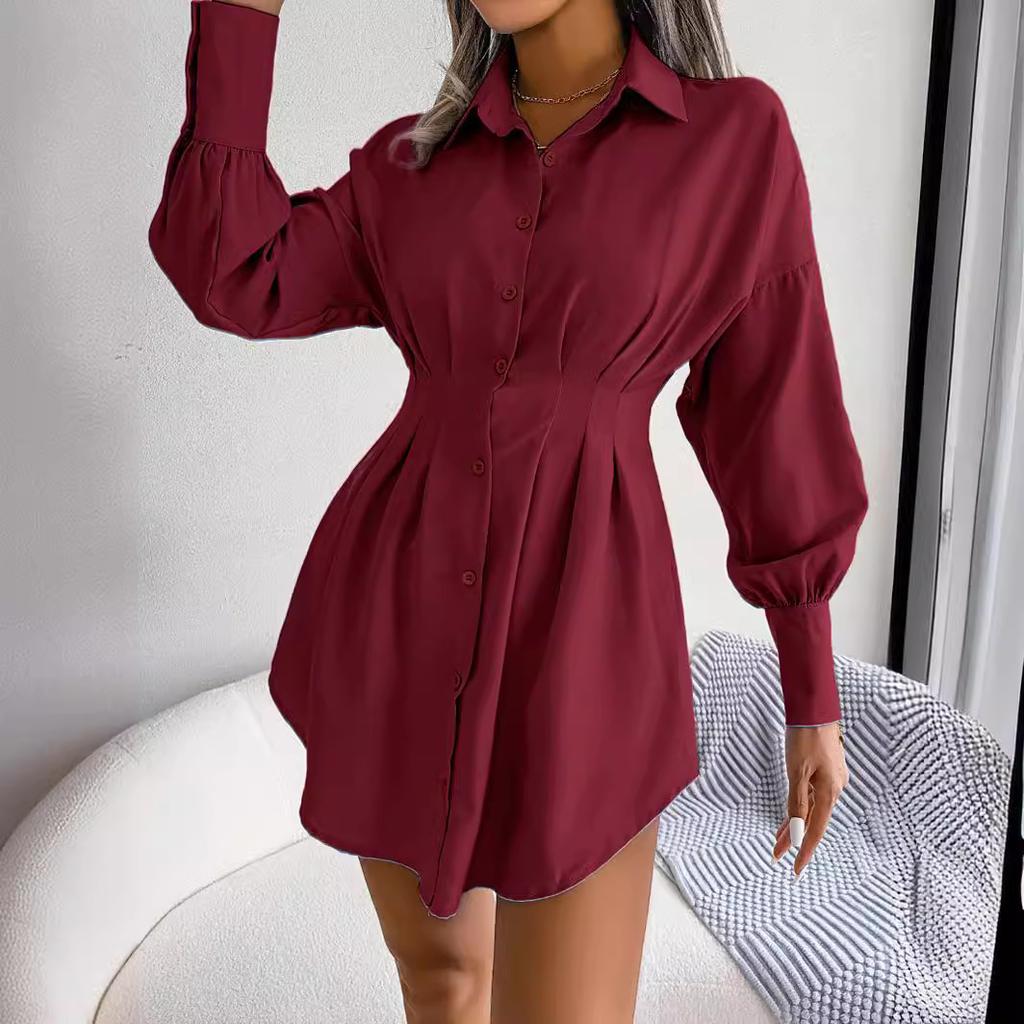 Spring Summer Women's Blousers Casual Lantern Sleeves Waist Shirt for Women Solid Color Commuting Style Ladies Overshirt