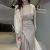 Autumn Slim Fit Round Neck High Waist Long Dress with Gentle Outerwear Three-Piece Set