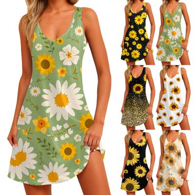 Women's Casual Print Summer Bohemian Beach Dress With Pockets V Neck Tank Dress