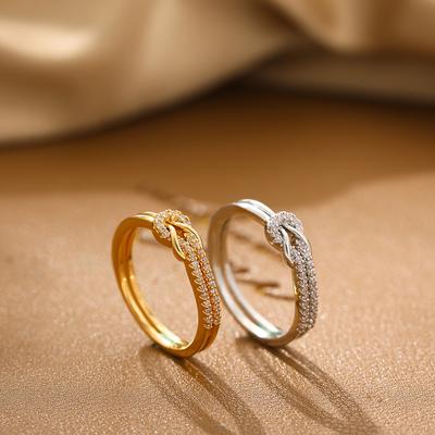 Simple Bilayer Geometric Knot Couple Rings Luxury Shinny Zircon Bride Engagement Wed Jewelry Accessories