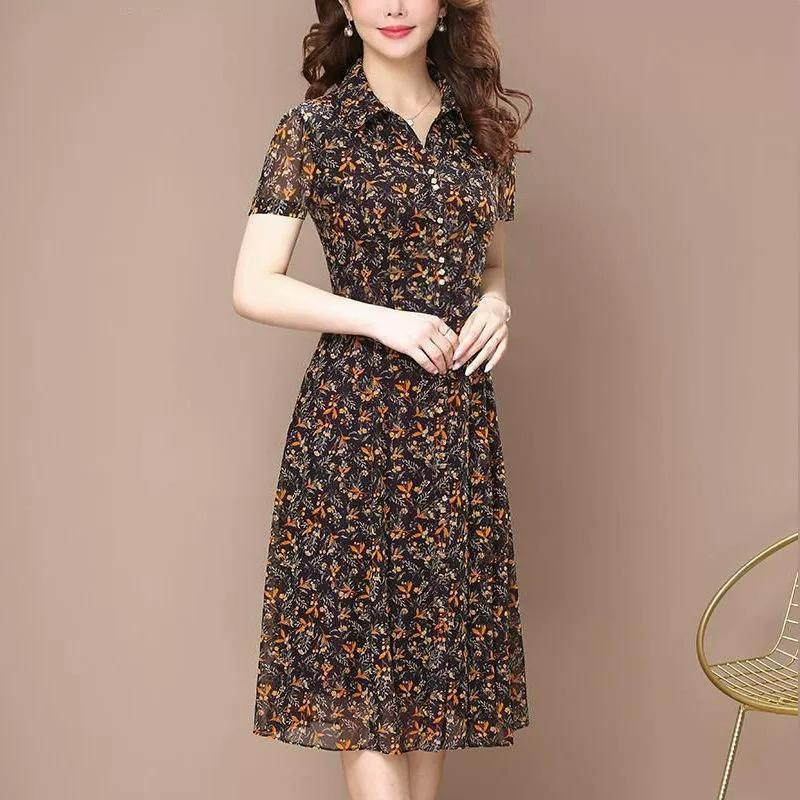 

Dress Women s Mid-length Spring Western Style Mother Dress Was Thin Floral Over-the-knee Long Skirt Trend 5XL