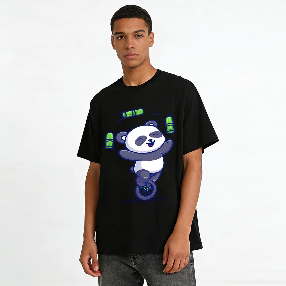 Cute Panda Juggling Bamboo Unicycle Print Casual Unisex T-Shirt Pure Cotton T-shirt