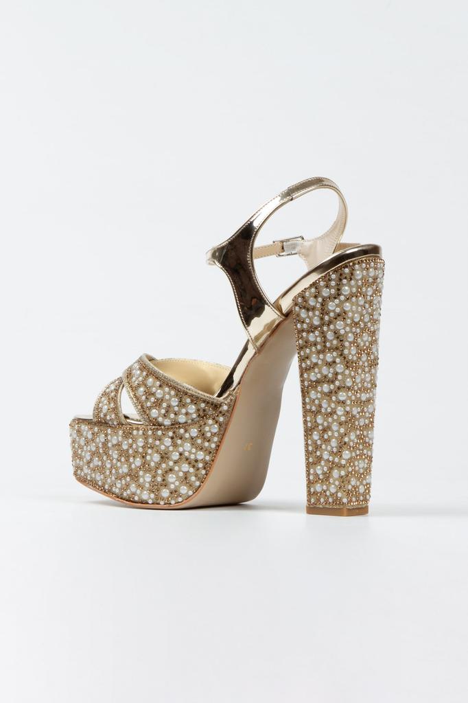 Damenmode Gold Spiegel Voll Perlenstein Klassisch Ecke Geformt Dick Absatz Abendschuhe für Party