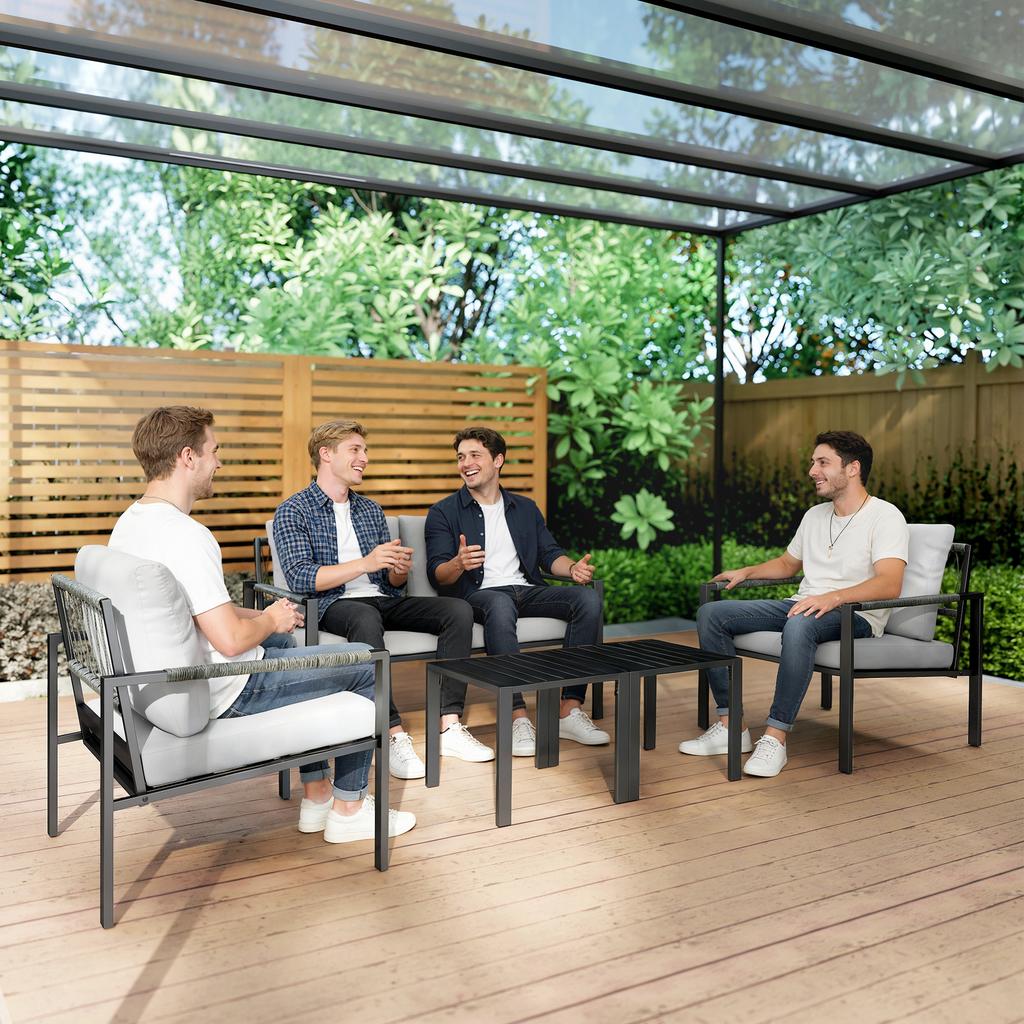 5 Piece Metal Garden Furniture Sofa Set With Thickened Cushions Loveseat 2 Armchairs 2 Coffee Tables Light Grey