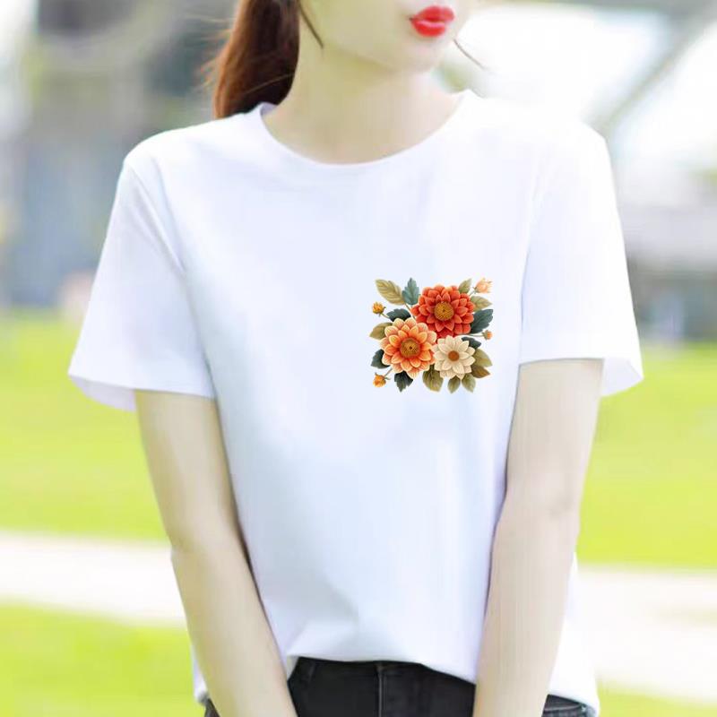 Bottom Shirt Ins Sweet Simple Flowers Round Neck Wear FeUnisex Print Fashion Internet Celebrity Commuter Shortsleeved Tshirt