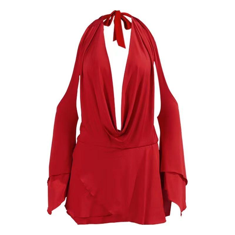 

Iamgia European and American Sexy Sexy Street Deep V Low Collar off-Shoulder Backless Long Sleeves Drape Halterneck Tied Dress Burgundy XS