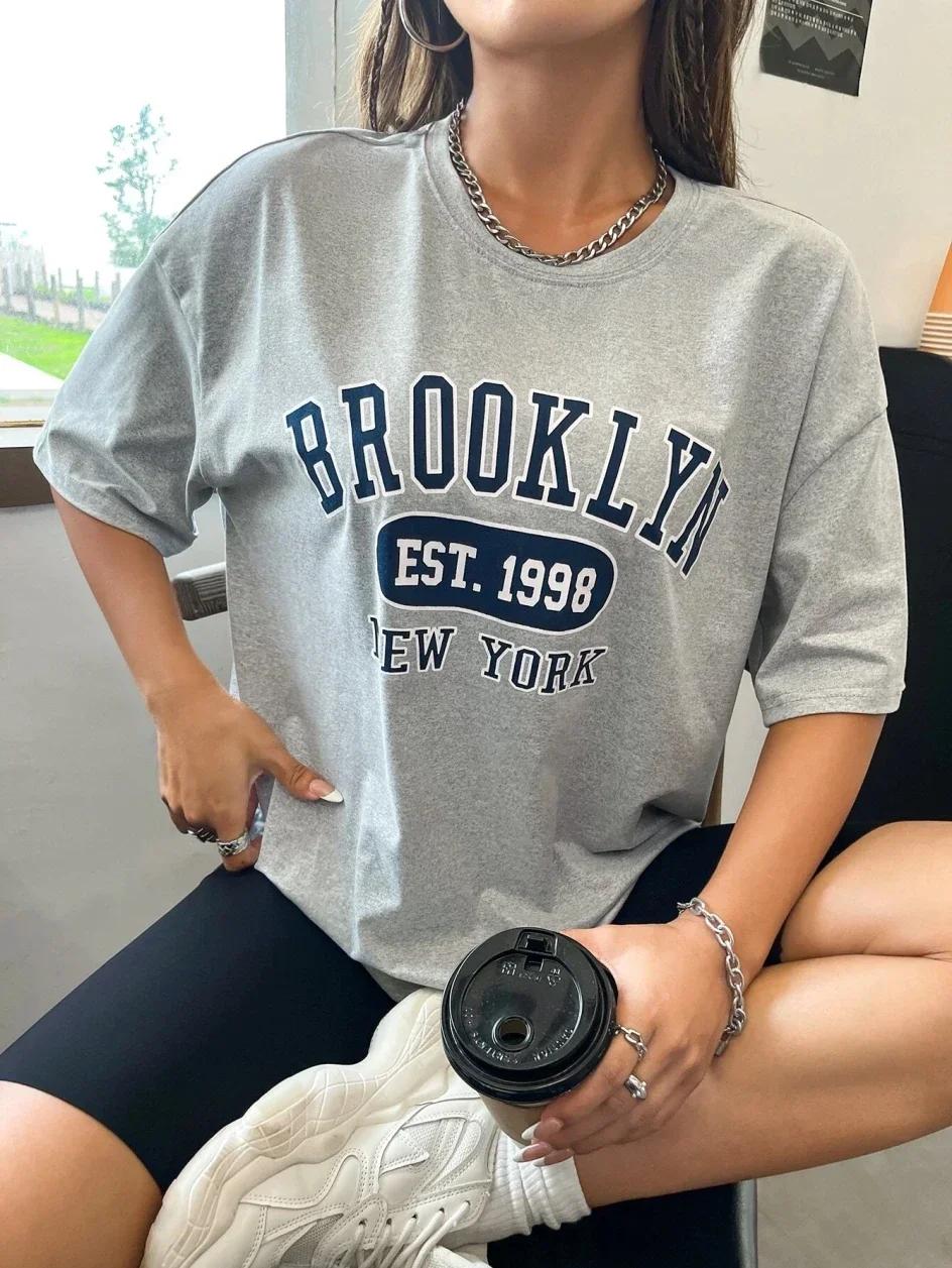 

Fashionable letter printed short sleeved Womens casual daily versatile summer round neck Tshirt suitable for all seasons 4XL