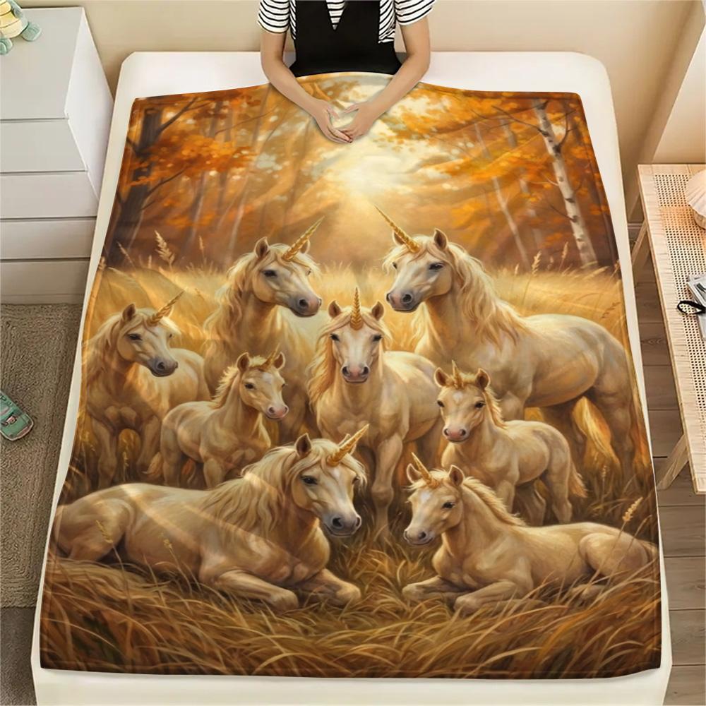 1PC Cute unicorn Print FlAannel Blanket, High quality Comfortable for All Seasons, Home Decor, Warmth and Comfort
