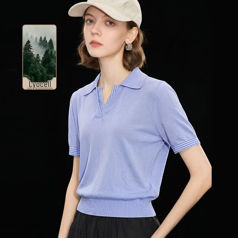 Tencel Blend Old Money Style Lapel Knit Faux Two-Piece T-shirt M
