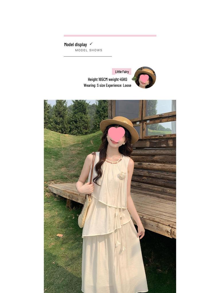 Women's 2025 Summer French Sleeveless Vest Cake Dress - Petite Holiday A-line Skirt, Loose Fit