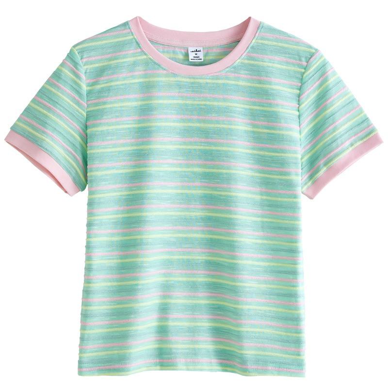 Summer Color-blocking Striped Short-sleeved T-shirt, Summer Dopamine Loose Slimming Plus-size Cover-up Top