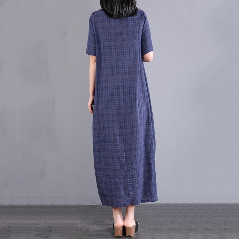 Vestido longo de verão solto casual feminino, manga curta, plus size, vintage, xadrez, novo em vestidos para mulheres