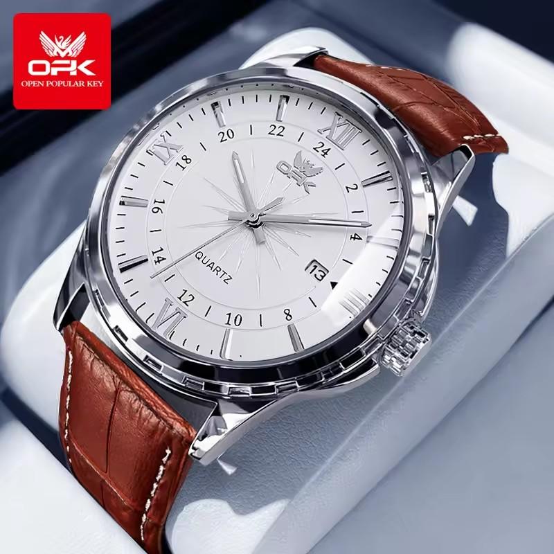 OPK 6003 Men's Brown Quartz Watch New Fashion Waterproof Luminous Calendar Luxury Simple Oval Sport Leather Band Dial 40mm 18mm
