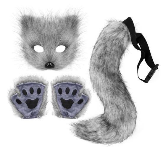 Faux Fur Cat Fox Maque Tail And Paw Gloves Set Handmade Furry Animal Therian Kit Masquerade Halloween Party Cosplay Costume Accessory