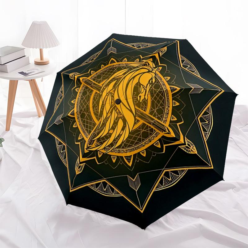 1pc Horse Mandala Automatic Folding Umbrella - Compact 8-Rib Design, Durable Plastic & Iron, Lightweight for Outdoor Daily Use116