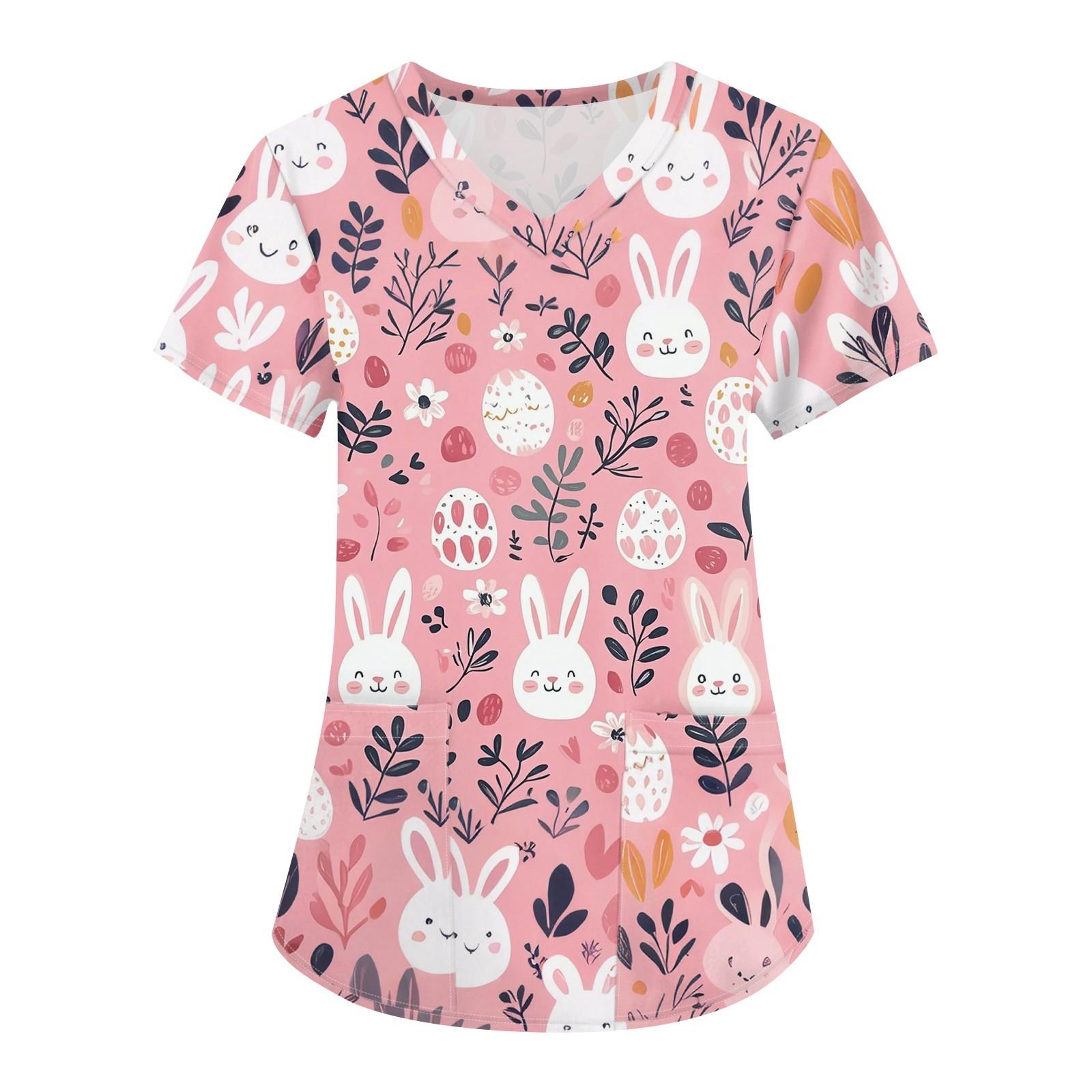 

Женская мода с v-образным вырезом, короткими рукавами и карманами, топы с принтом S розовый