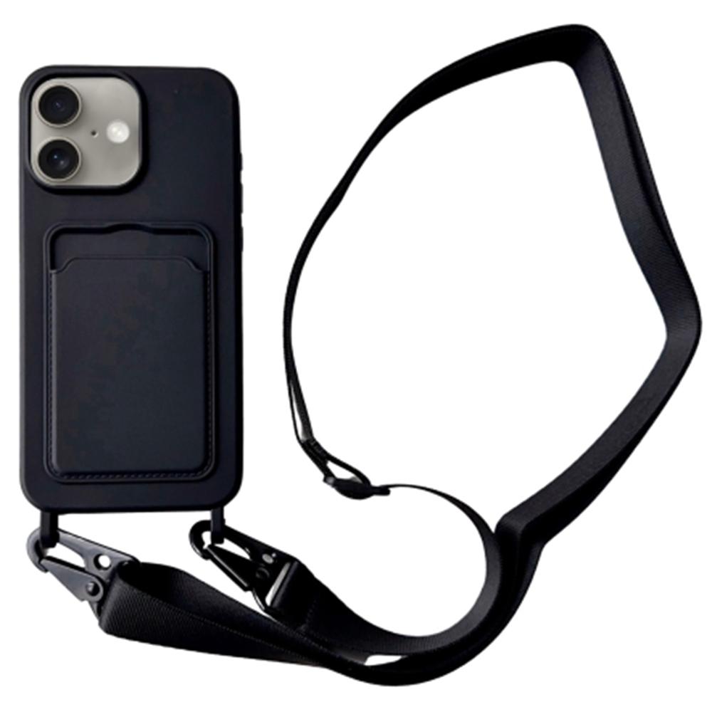 

For iPhone 16 Plus Case Liquid Silicone Card Slot Soft Phone Cover with Lanyard Strap Black