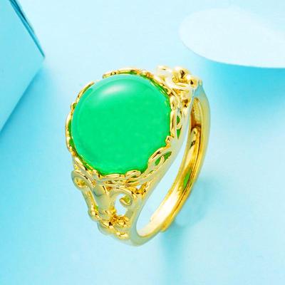 Vintage-Style Vietnamese Sand Gold Open Ring with Imitation Chalcedony & Malay Jade Gemstone for Women