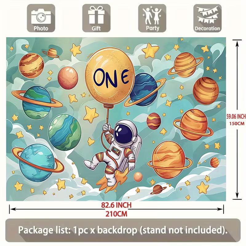 2D Space Themed 1st Birthday Backdrop, Planets & Astronaut Background for Photoshoot