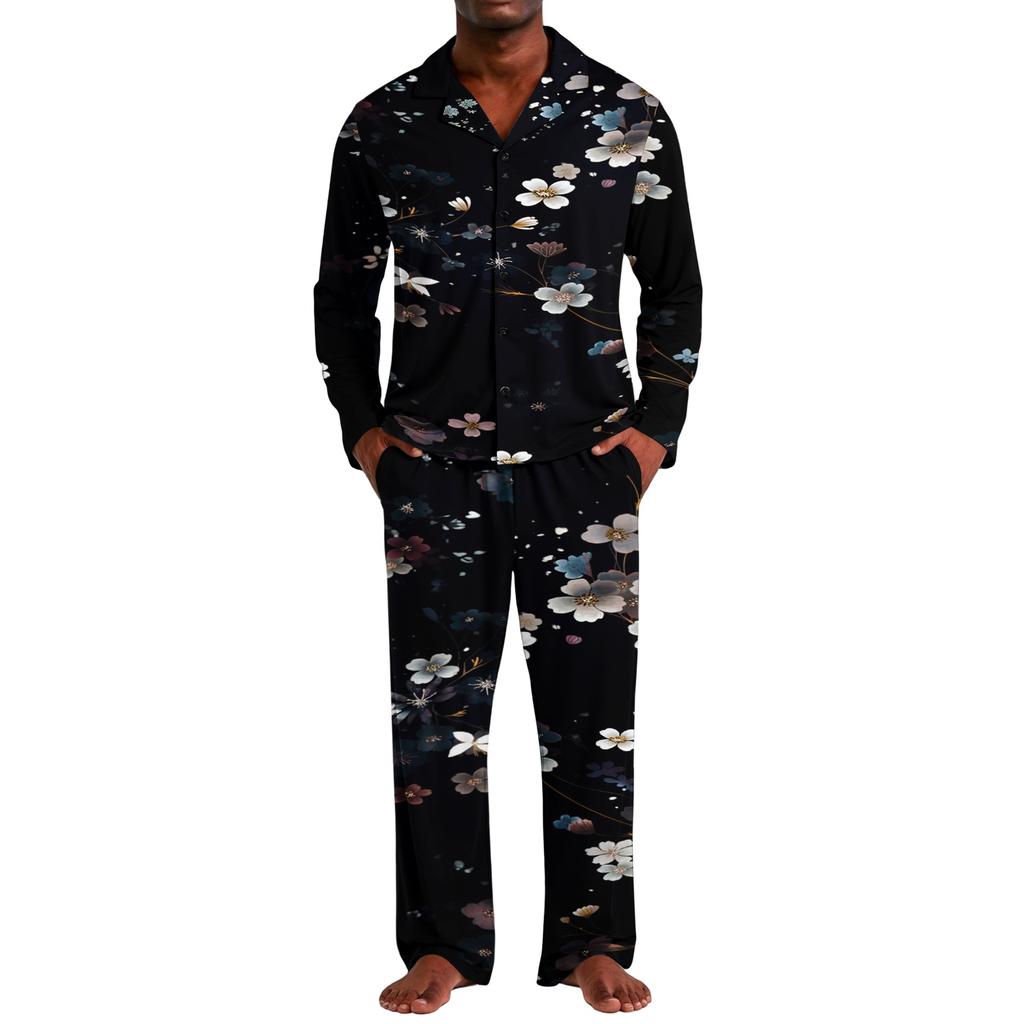 Men's Loose Fit Christmas Print Pajama Set with Button Down Top and Straight Leg Pants - Two Piece Holiday Sleepwear