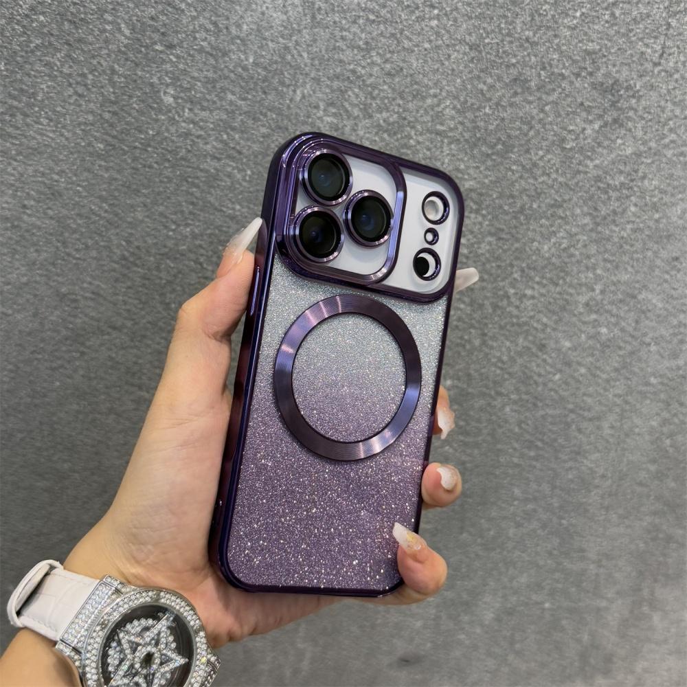 

Luxury Electroplate Glitter Lens Protector Case For iPhone 16 15 14 13 12 17 Pro Max Wireless MagSafe Magnetic Cover for 17 Air iPhone17 Pro фіолетовий