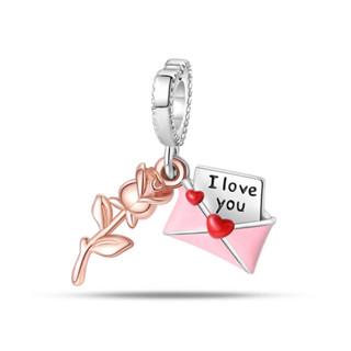 copper Cute Pink flowers Heart Pendant Bead Charms Compatible With 4MM hole diamete Charm Bracelets for Women Do It Yourself Jewellery Making Gift