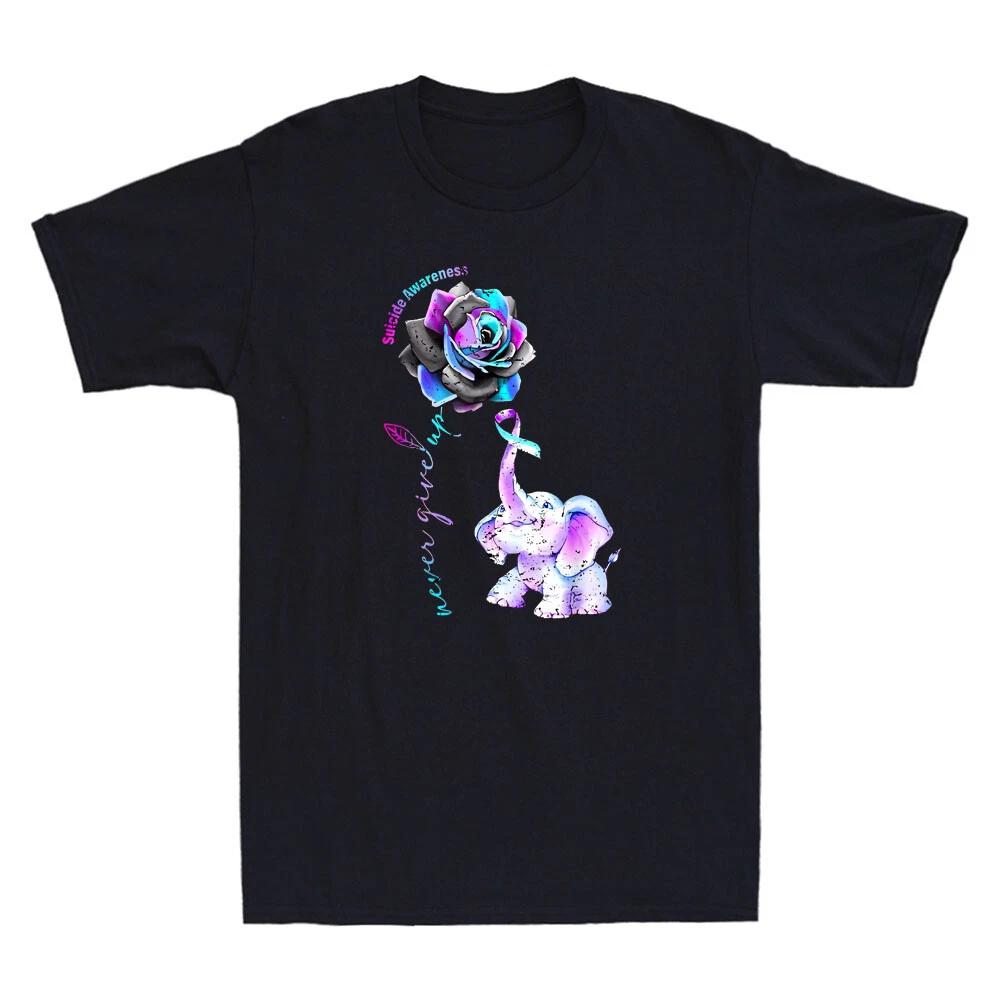 Never Give Up Elephant Suicide Prevention Awareness Flower Vintage Men s T-Shirt XXL