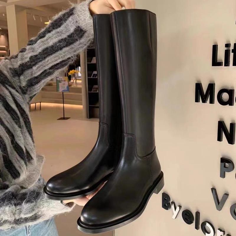 Cowhide Version~ Niche Leather Knight Boots Women's Winter High Boots Flat Bottom Side Zipper Locomotive Boots Long Boots