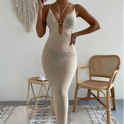 Γυναικείες μακαρονάδες Maxi φόρεμα Coverup See Through Πλεκτό Πλεκτό Διχτυωτό πλέγμα Καλοκαιρινό φόρεμα με λαιμόκοψη Αμάνικο μακρύ φόρεμα με βελονάκι Bodycon