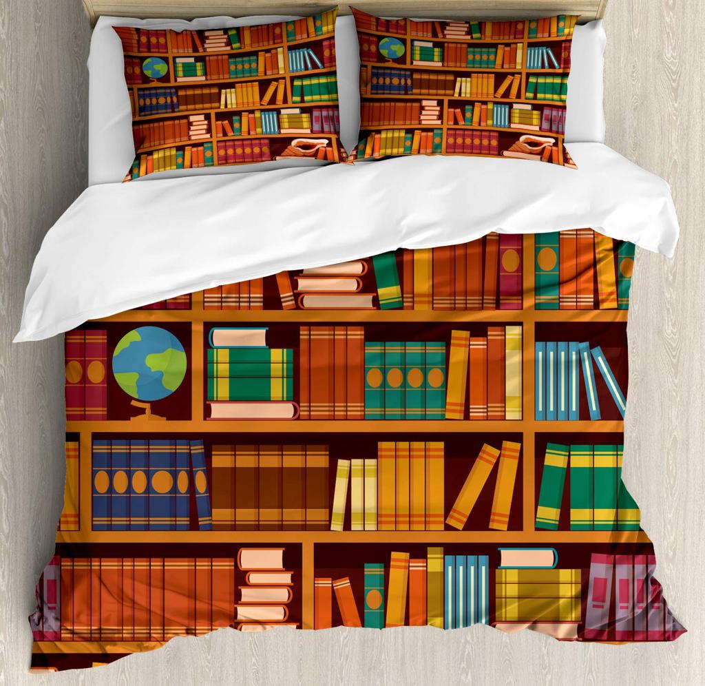 Library Duvet Cover Set Bookshelf Ladder Caricature Illustration Decorative Bedding Set Boy Girl Teenager Comforter Cover Sets