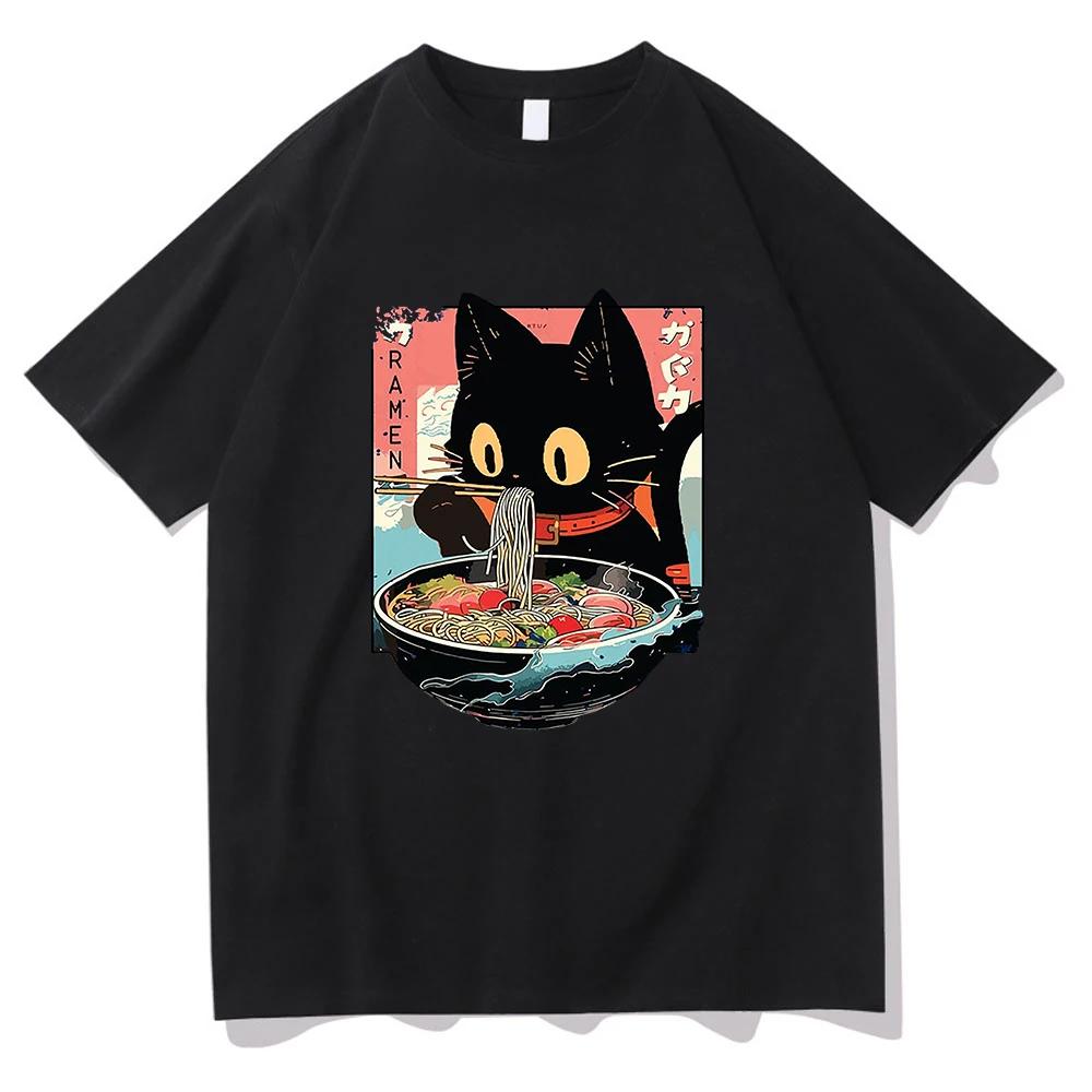 Camiseta de ramen de comida para gatos Kawai ropa de animación femenina Harajuku ropa blusa neutral blusa transpirable