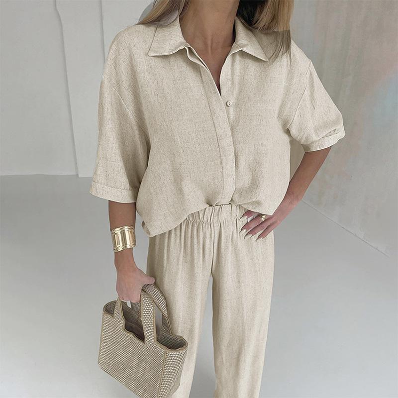 Women's Mid Sleeved Shirt and Wide Leg Pants Set with Solid Color Ruffle Decoration Women's Summer Set with Daily Casual Style Clothes