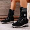 Plus Size Mid-Calf Women's Boots 2025 Winter New Arrival Round Toe, Square Heel Leather Buckle & Knit Panel Combination Martens-Style Boots