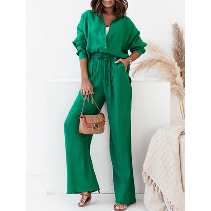 Stretch Polo Collar Single-Breasted Wide-Leg Long-Sleeve Shirt