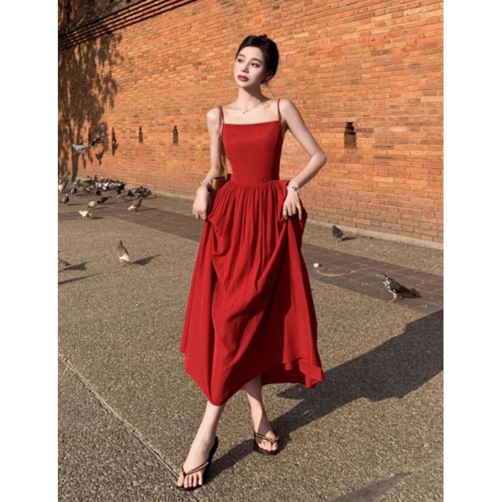 French Red Sexy Backless Suspender Dress Women's Summer Temperament Seaside Vacation Waist Slim Skirt