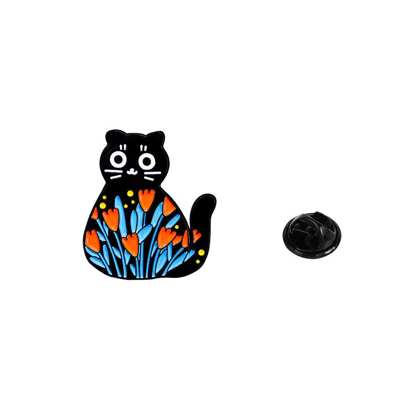 Cute Black Flower Cat Design Enamel Brooches Floret Kitty Metal Pins For Backpack Clothes Decoration Gift For Pet Lovers