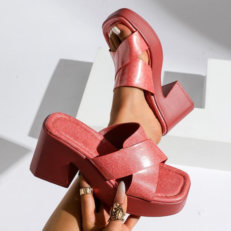 Summer European and American Cross-strap Open-toe High-heeled Thick-soled Slippers,Women's Thick-heeled Square Toe Fashion Shoes