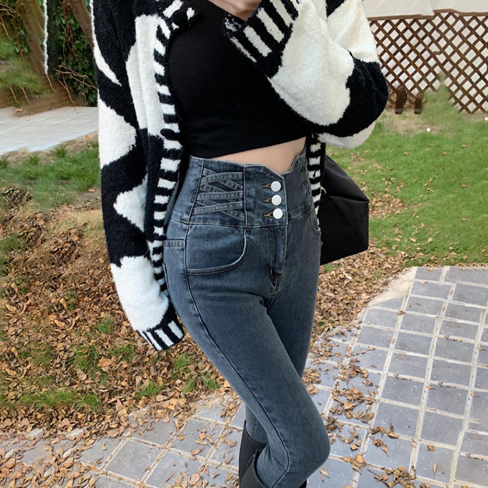 Korean High-waisted Breasted Small-footed Jeans Women's Spring and Summer New Fashion and Thin Versatile Slim-fitting Trousers Tide