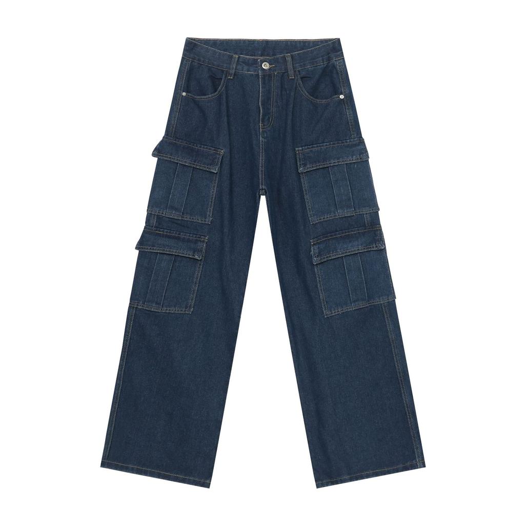 Pantaloni Lunghi Vintage Multi-tasche Jeans Lavati da Uomo High Street Larghi Dritti Pantaloni da Lavoro Jeans Dritti Larghi per Uomo alla Moda e Comodi