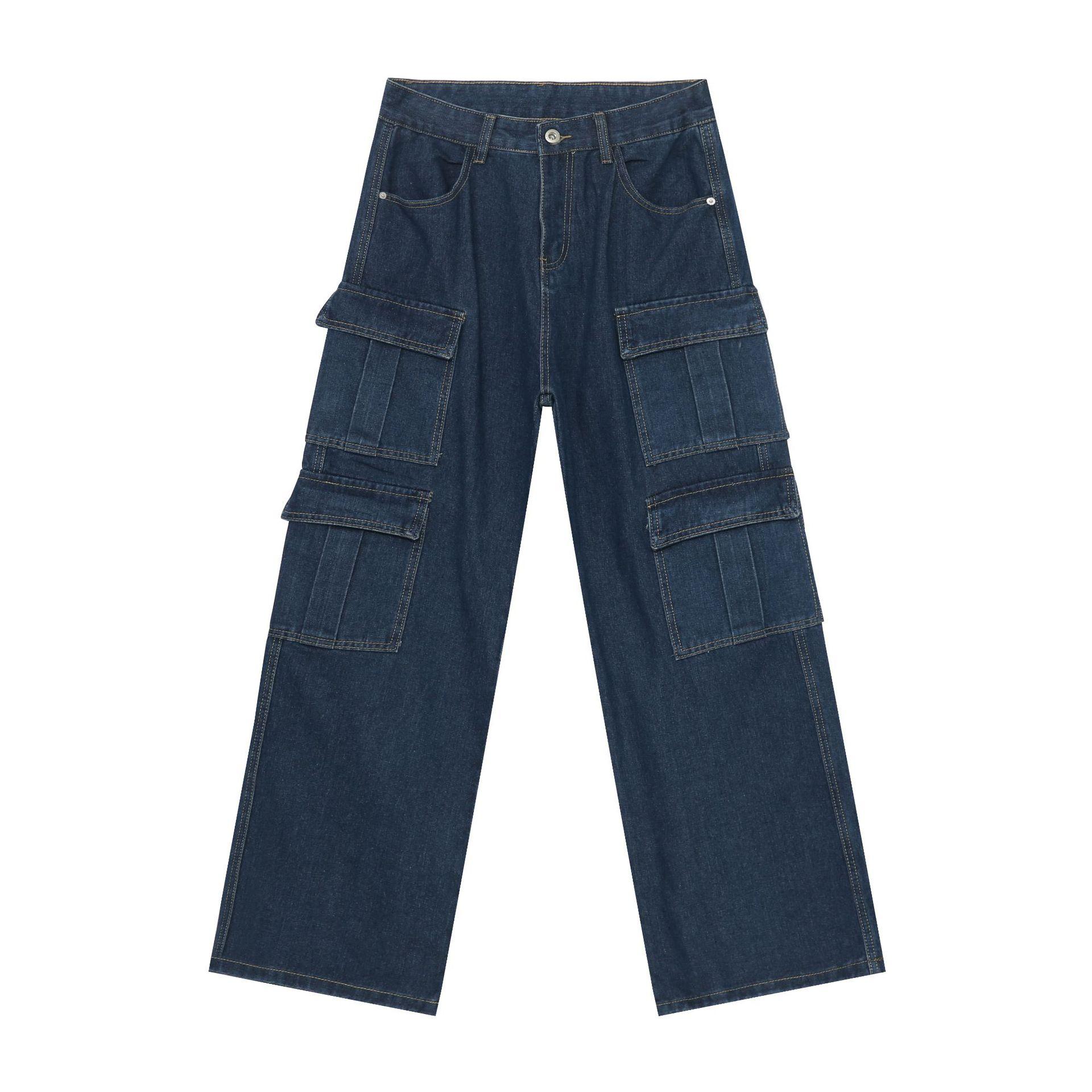 

Длинные брюки винтажные многокарманные вымытые джинсы мужские уличные свободные прямые рабочие брюки прямые свободные джинсы для мужчин модные и удобные XL синий