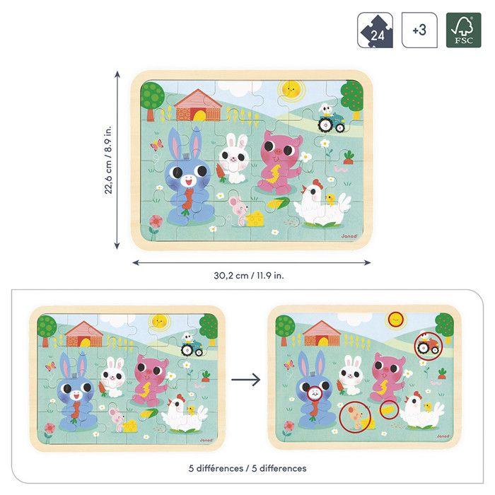 Puzzle en Bois 24 Pièces Enfant Dès 4 ans - Thème Ferme - Modèle inclus + Jeu des 5 Erreurs sur le Plateau