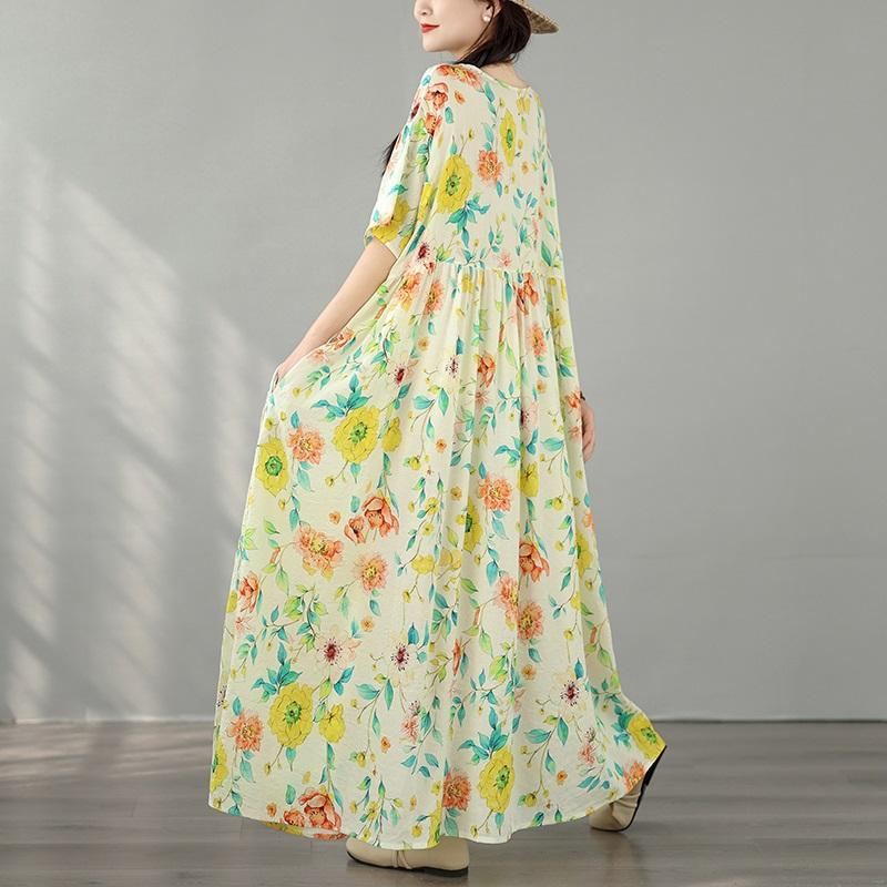 Short Sleeve Plus Size Cotton Vintage Floral New In Dresses for Women Casual Loose Long Summer Dress