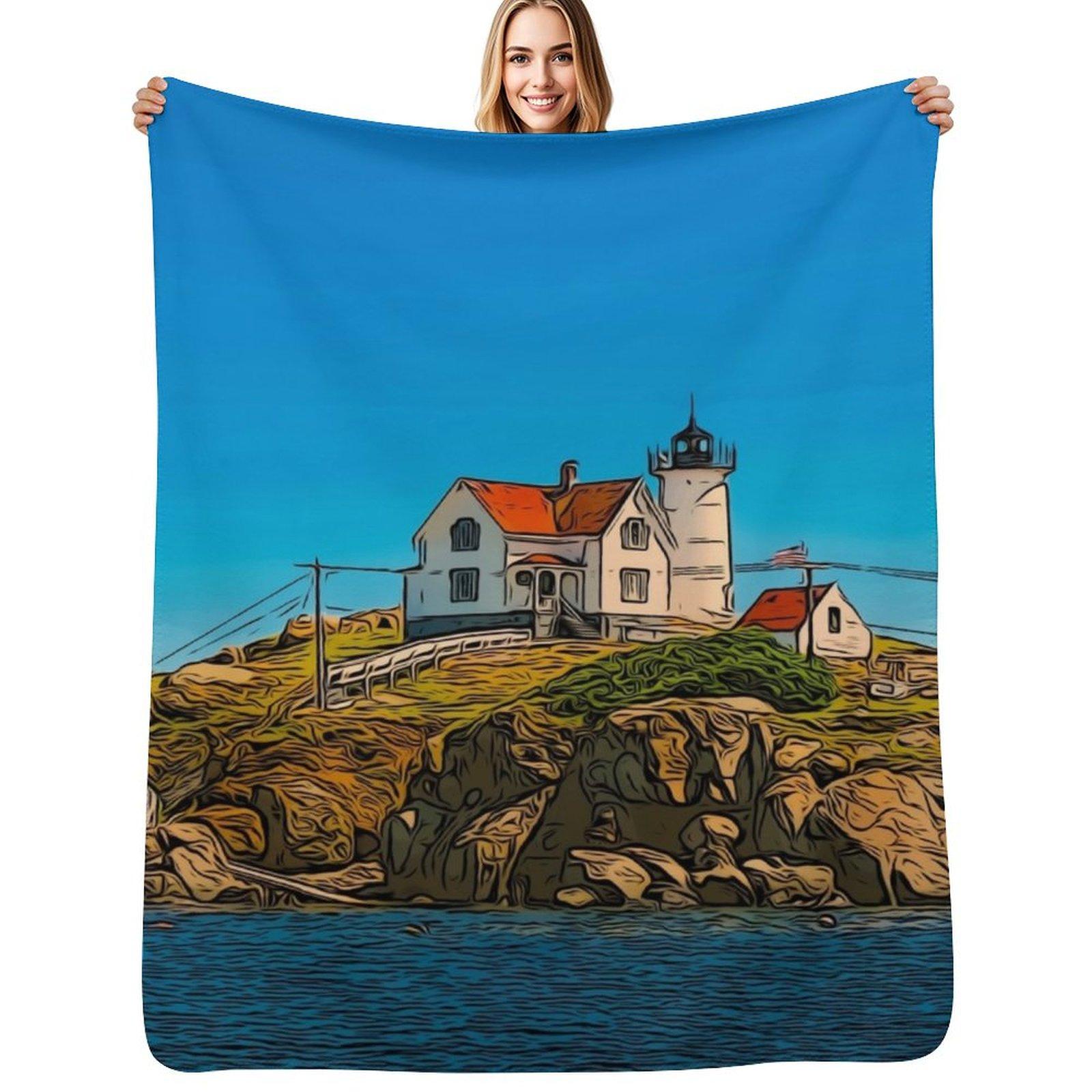 Nubble Lighthouse Maine Nautical Print Throw Blanket Warm Cozy Throw Blanket for Living Room Couch Size: 75*100cm, Weight: 230 GSM