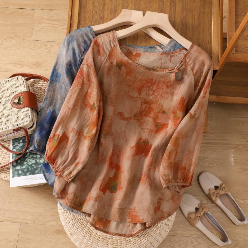 

DIMANAF 2023 Женская летняя футболка Рами с круглым вырезом и принтом с рукавом 3/4 Женский топ на пуговицах Lrregular Design