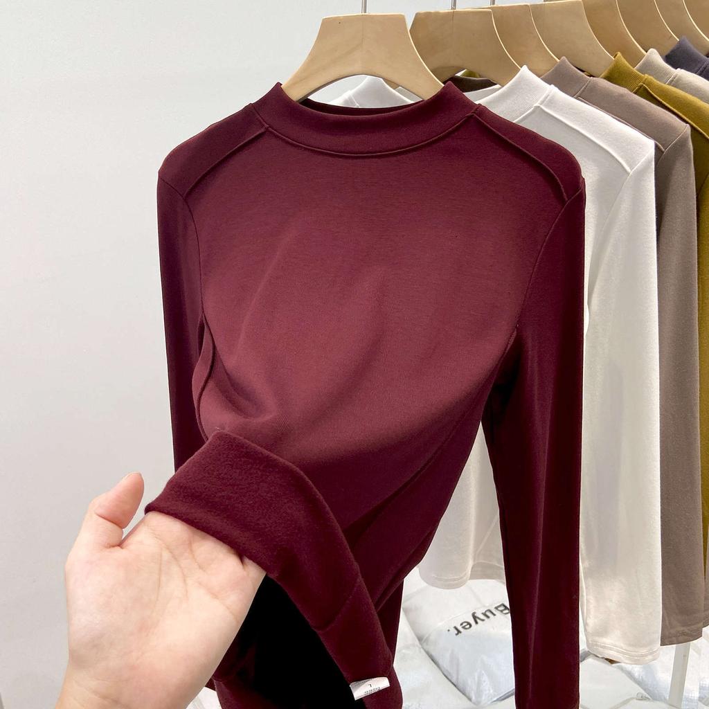 Fleece polished small stand-up neck bottoming shirt women's spring fishbone front shoulder slim-fitting long-sleeved T-shirt with top inside