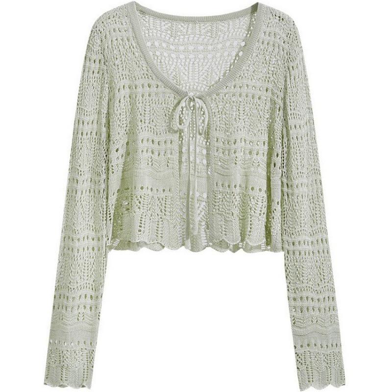 women cropped knit cardigan hollow out lace up long sleeve cover up onesize зелёный