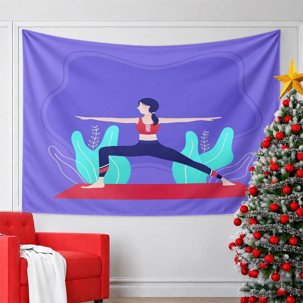Yoga Pose Illustration On Purple Background Pattern Wall Hanging Tapestry Decorative Tapestry Home Decor for Bedroom and Living Room