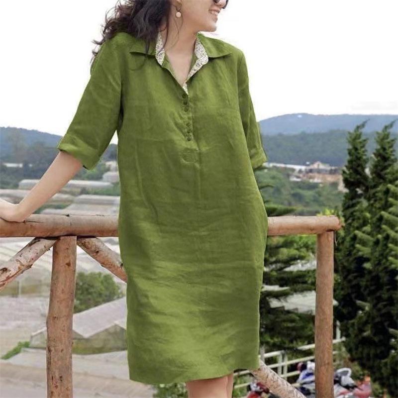 Spring/Summer V-Neck Loose Midi Dress for Middle-Aged Women