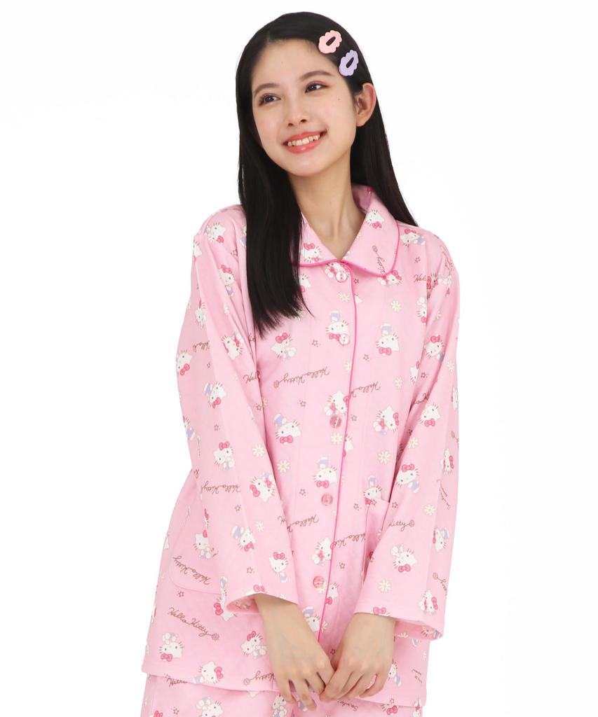 SAZAC Hello Kitty Knitted Quilted Shirt Long Sleeve and Pants Loungewear Women's Pajamas, Set, (Pink/M/SAN1854)